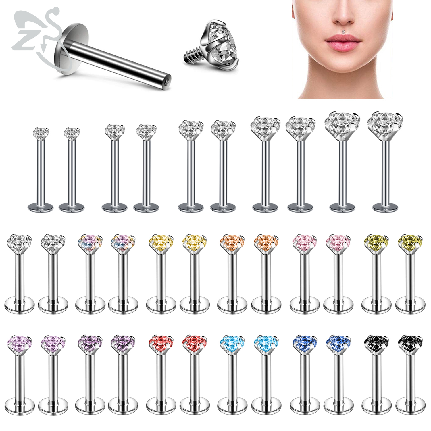 ZS 10 Pz/lotto Colorato CZ Cristallo Labret Labbro Monroe Piercing Set 16g In Acciaio Inox Cartilagine Trago Helix Piercing 6/8/10MM