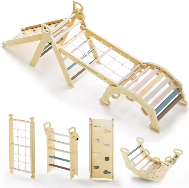 Venda quente 7-em-1 montessori jardim de madeira arco-íris interior ao ar livre crianças escalada quadro pickleriklers jogar conjunto