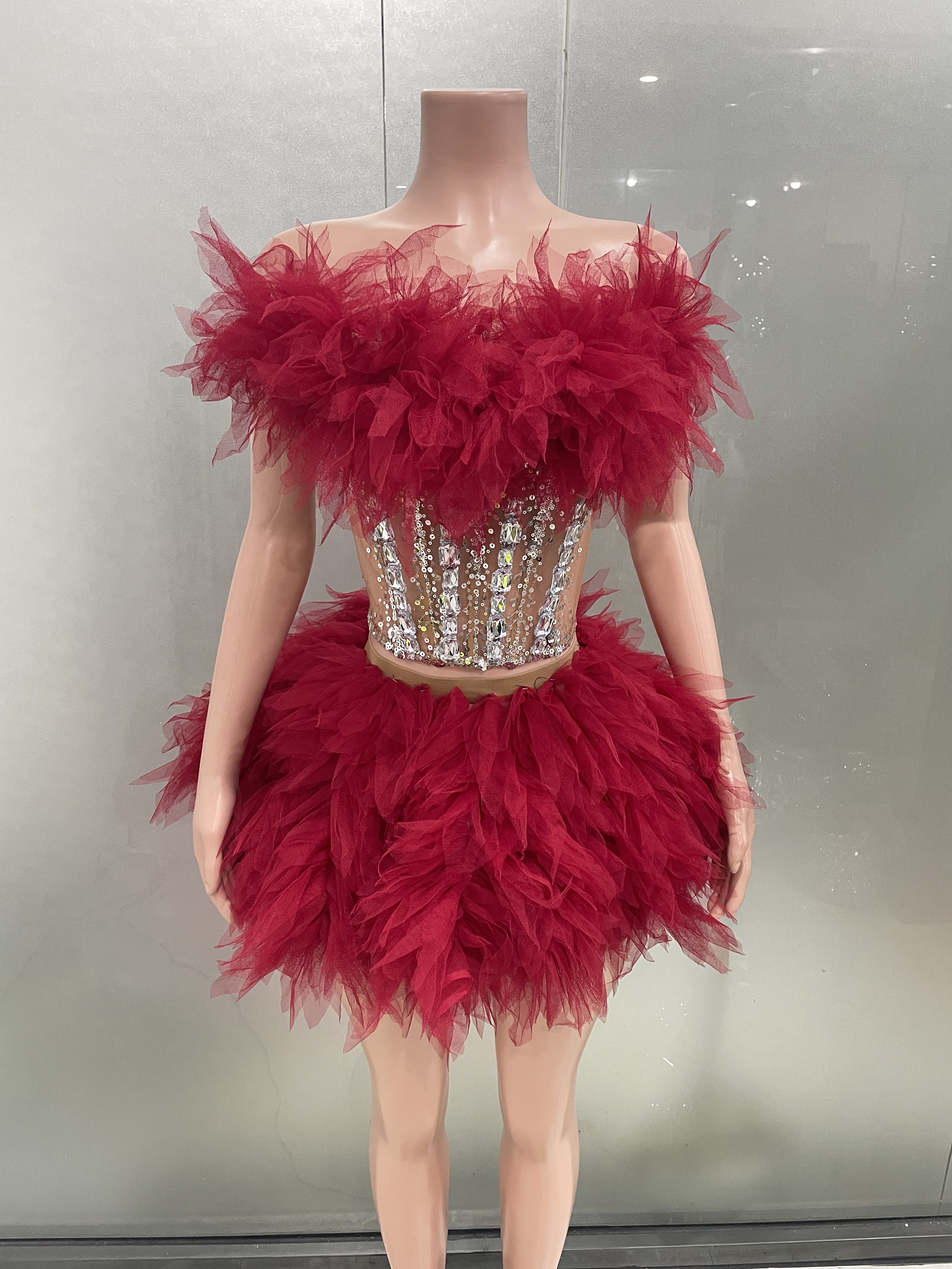 STOCK Sexy Strapless Mesh Crytrals Tops Bodycon Skirts Set 2 Pieces Women Celebrate Nightclub Party Birthday Performance Costume