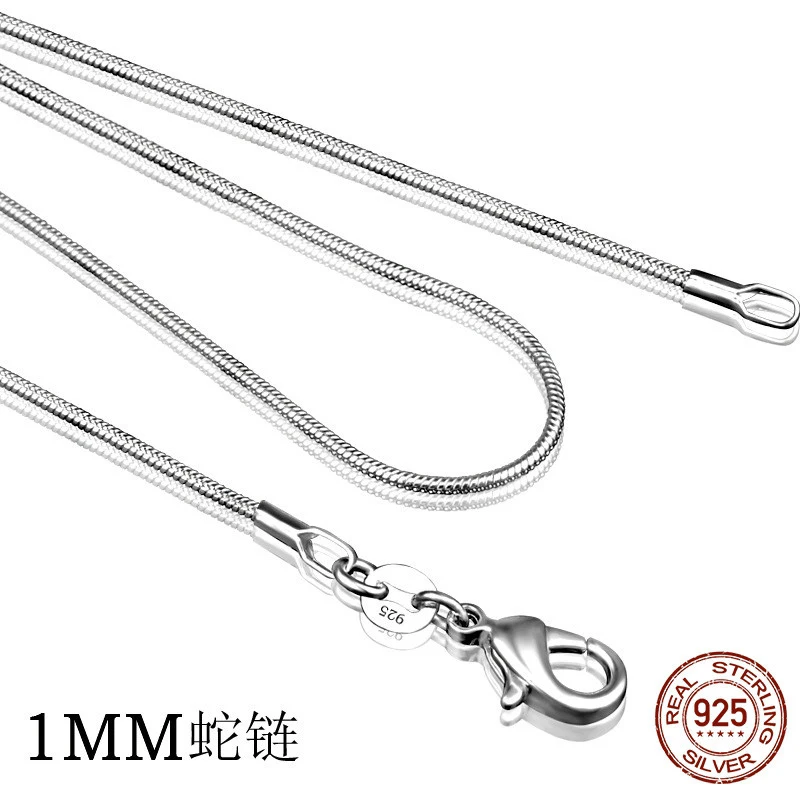 Nuevo collar fino de plata de ley 925 para mujer, joyería de plata de moda, cadena de serpiente, collar de 1mm 16 18 20 22 24"