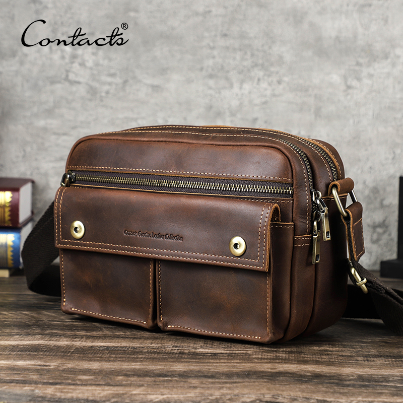 CONTACT'S Lederen Sling Schoudertassen voor Mannen Vintage Crazy Horse Lederen Messenger Crossbody Tassen voor 8.3 "iPad Mini