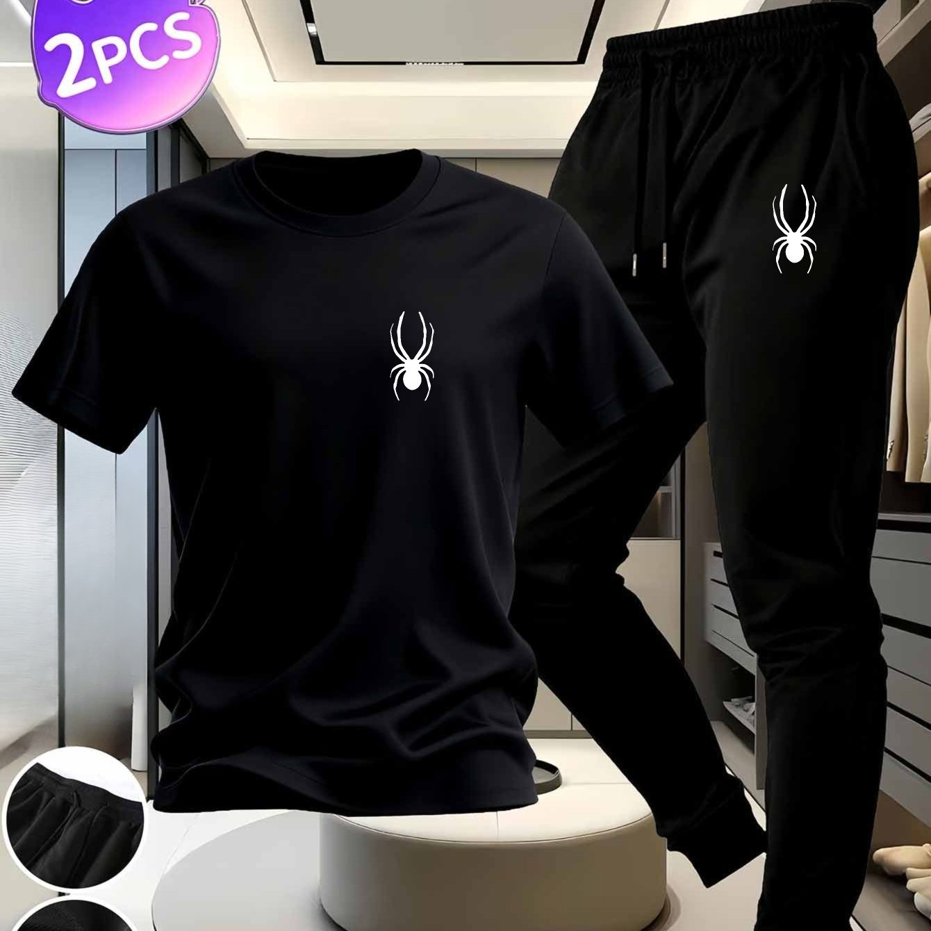 High-quality Men's Casual Set Comfortable Pure Cotton White Top & Pants with Spider Pattern Ideal for Daily Home and Sports Wear