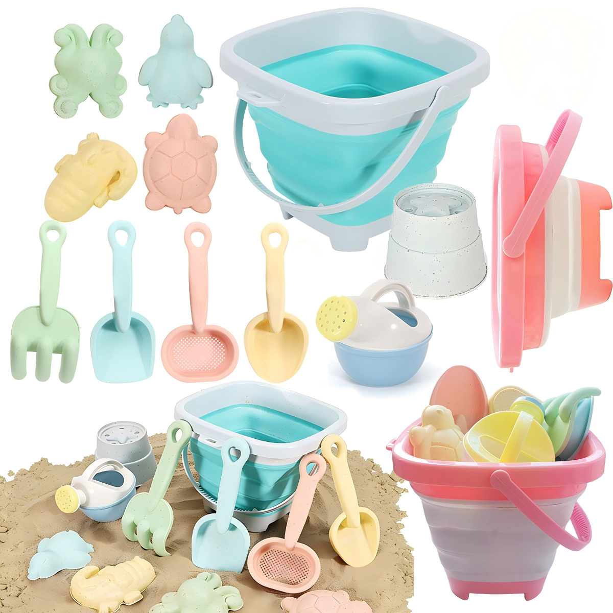 Ensemble de jouets de plage pour enfants, seau et pelles pliables en silicone avec moules à sable, essentiels de plage pour les jeux en plein air en été