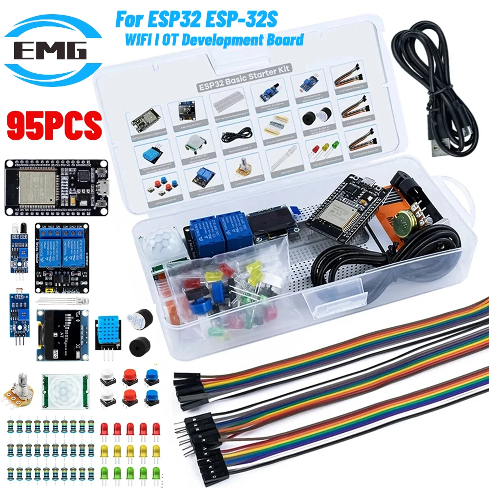 95 шт., базовый стартовый комплект для ESP32 ESP-32S WIFI I OT, макетная плата для Arduino, набор для обучения проекта с обучающим ящиком для хранения