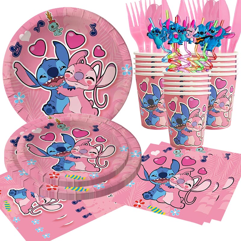 Decoración de fiesta de cumpleaños de Disney Stitch, vajilla temática de Lilo Stitch rosa, taza, plato, globos angulares, suministros felices para niños y niñas