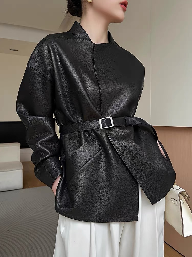 Mode femmes vêtements élégant femme en cuir véritable manteau col en v ceintures vestes Streetwear noir bureau dame