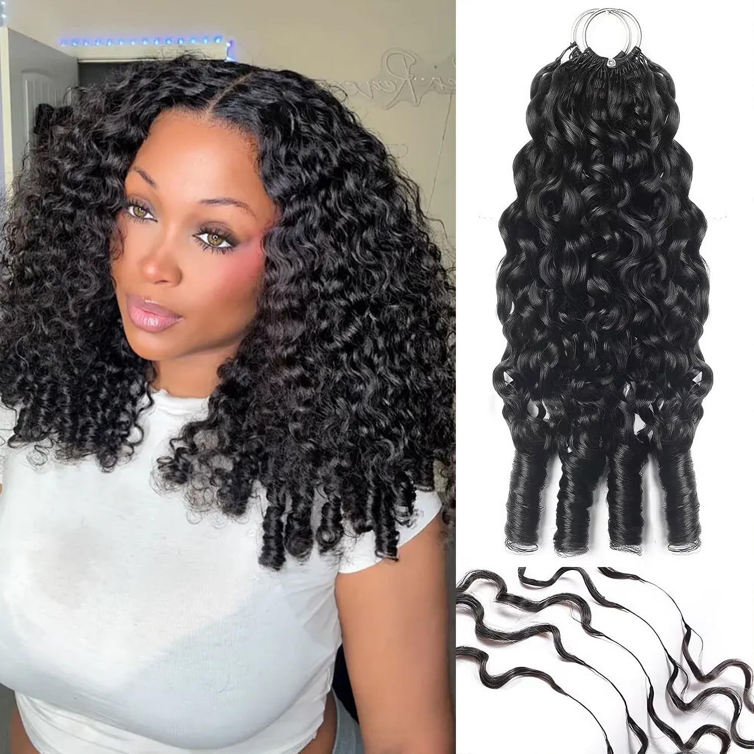 Cabelo Humano Cacheado Birmanês de Crochê de 12-22 Polegadas, Pré-separado, Sem Nós, com Efeito Pena, Invisível, Reutilizável, Leve, Extensões de Cabelo Cacheado Birmanês com Pontas em Espiral, Preto Natural para Mulheres