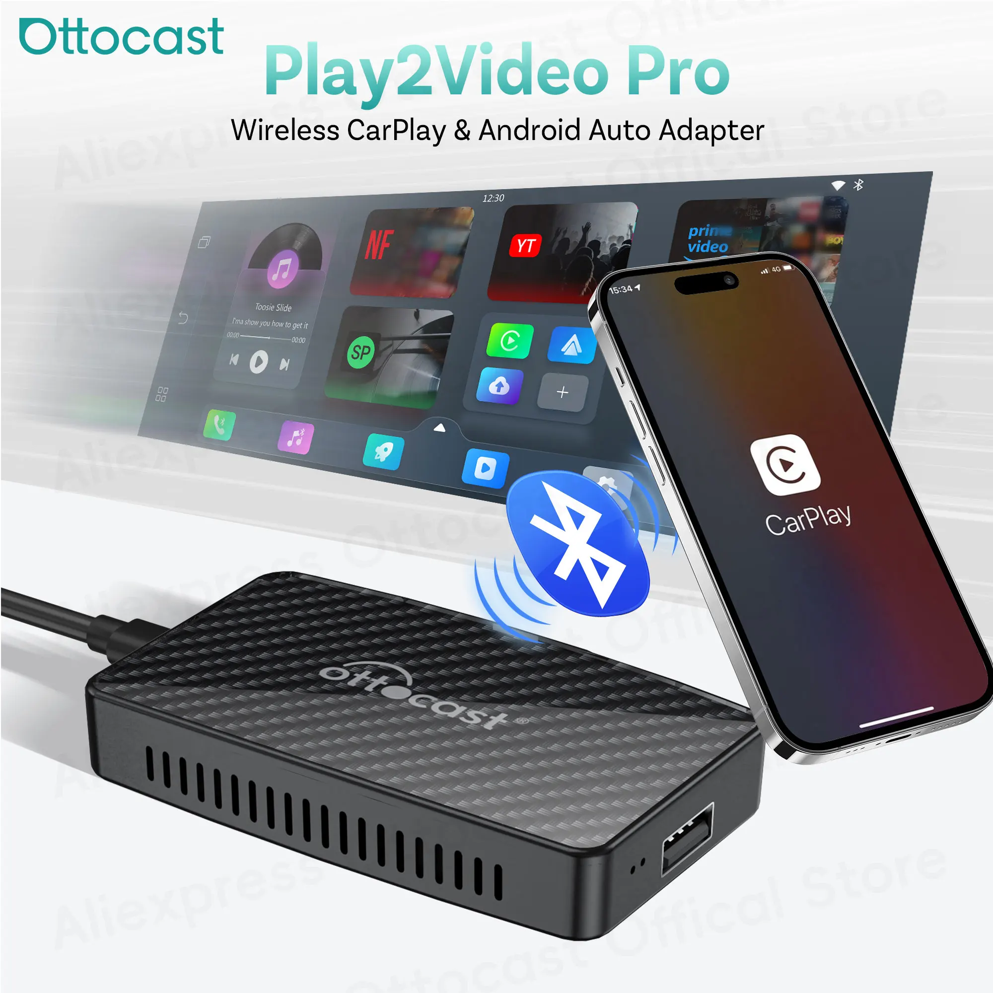 OTTOCAST Play2Video Pro sans fil CarPlay Android Auto adaptateur voiture accessoires pour Youtuber pour Toyota RAV4 CRV Ford F150 Tiguan