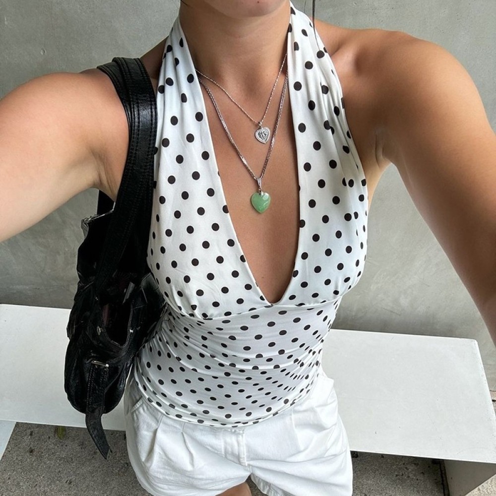 Pure Desire Polka Dot Hot Girl Halter Tank Top, Women's Summer Sexy Low-Cut Off-Shoulder Tie Slim Fit Top, Fashionable Multifunctional Style, Pleated Elegant Outfit
