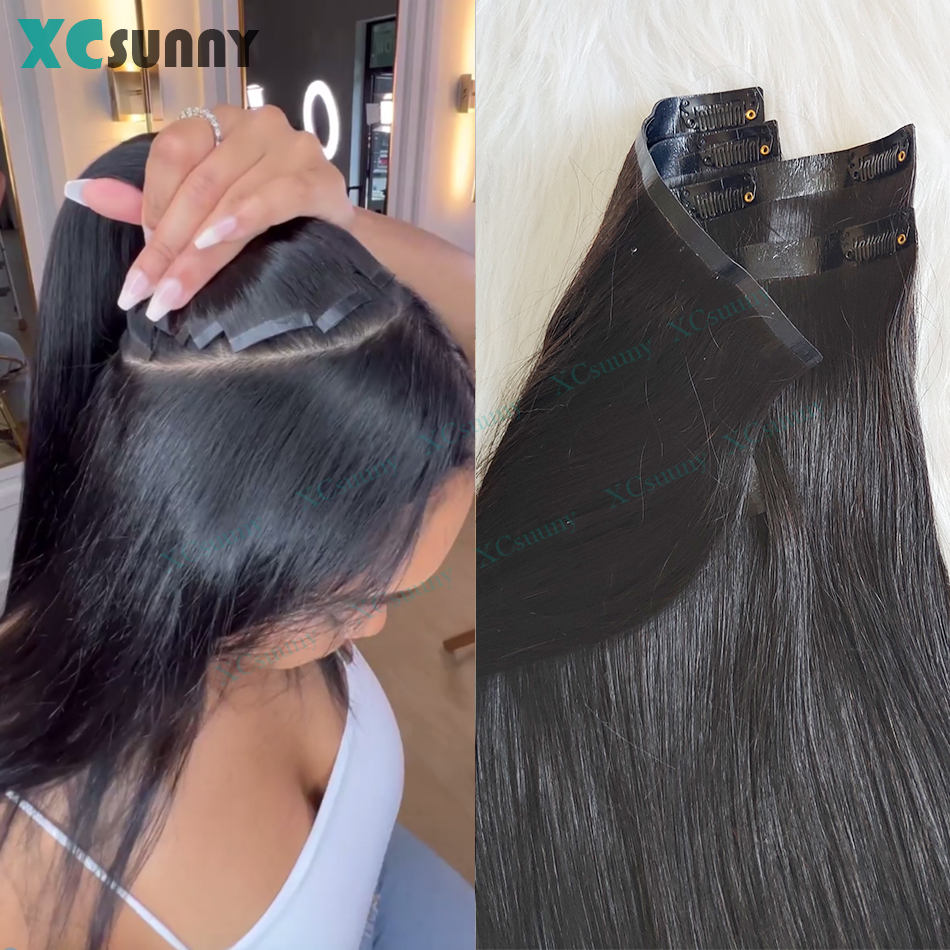 Clip droit sans couture Ins cheveux humains pince en polyuréthane dans les Extensions de cheveux cheveux humains Double dessiné peau trame pince pour les femmes 100g-240g