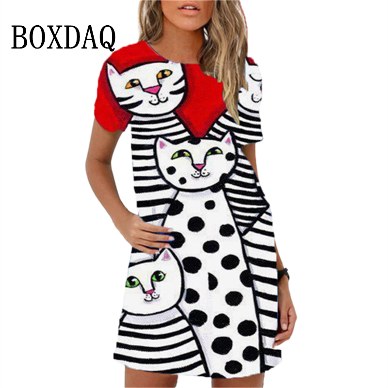 Vestido corto informal con estampado de gato para mujer, minivestido holgado de manga corta con cuello redondo, estampado de dibujos animados, talla grande, verano, 2023