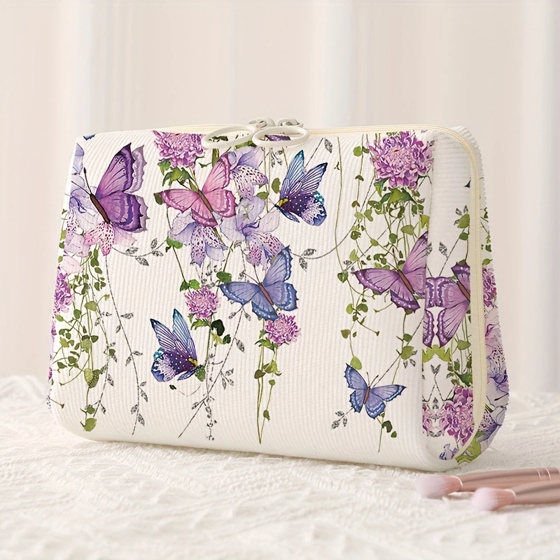 1 unidad, bolsa de maquillaje con estampado de mariposa púrpura, bolsa de almacenamiento de maquillaje portátil, bolsa de almacenamiento multifuncional, bolsa de viaje ligera