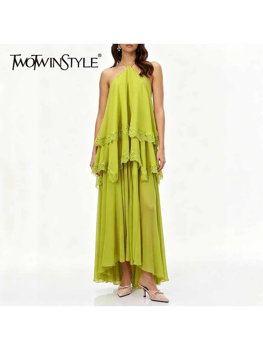 TWOTWINSTYLE Solid Losse Gesplitste Kanten Jurk voor Vrouwen Halter Hals Mouwloos Patchwork Ruches Plooien Jurken Vrouwelijke Elegante Nieuwe