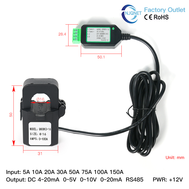 Датчик тока с разъемным сердечником QNDBK3-16 AC 150A 100A 50A 63A 20A 10A RS485, трансформатор тока с зажимом, открытый тип, преобразователь тока Modbus