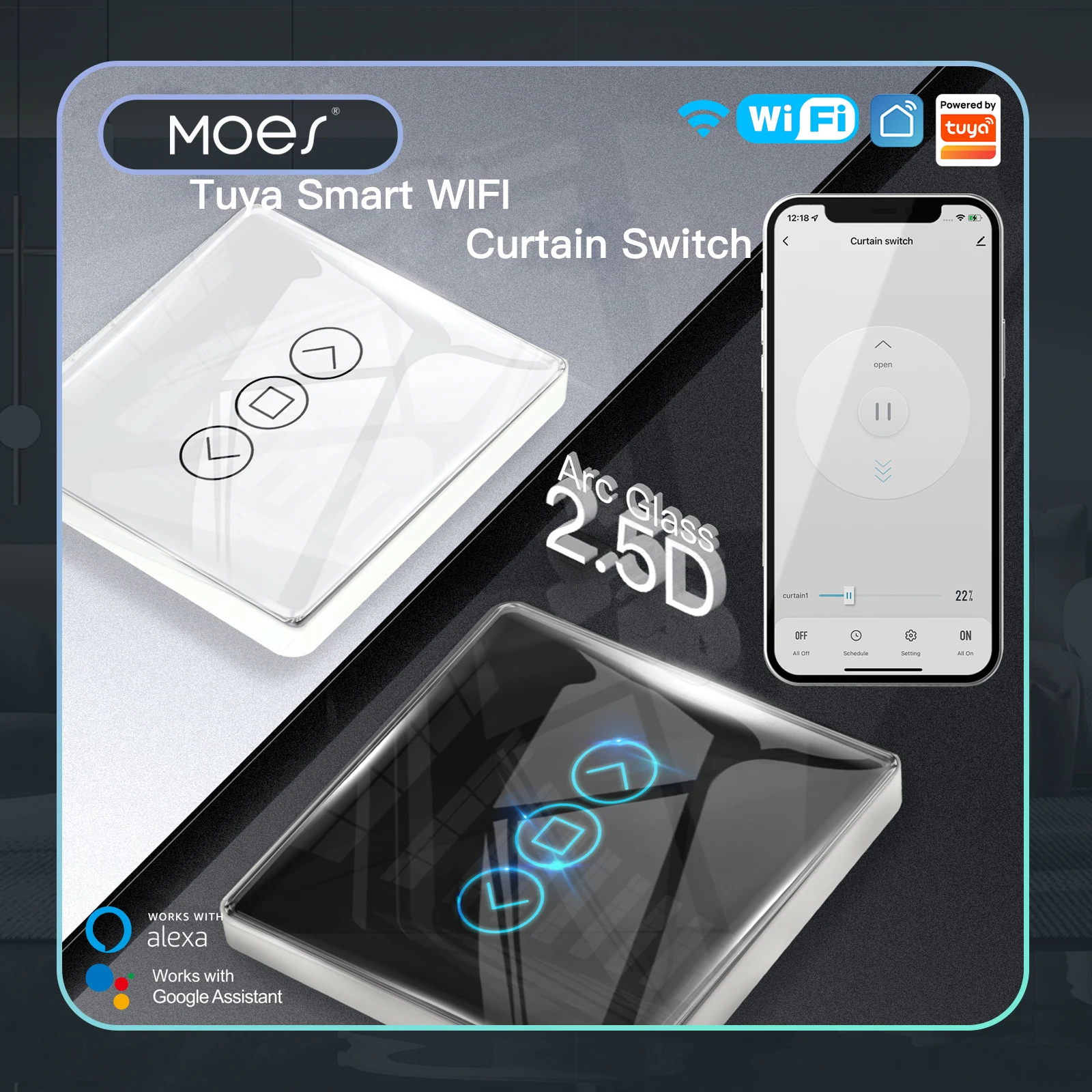 MOES WiFi RF433 Smart 2.5D Arc Glass Touch Gordijnschakelaar voor Rolgordijnen Luiken Smart Life/Tuya APP Werkt Alexa Google Home