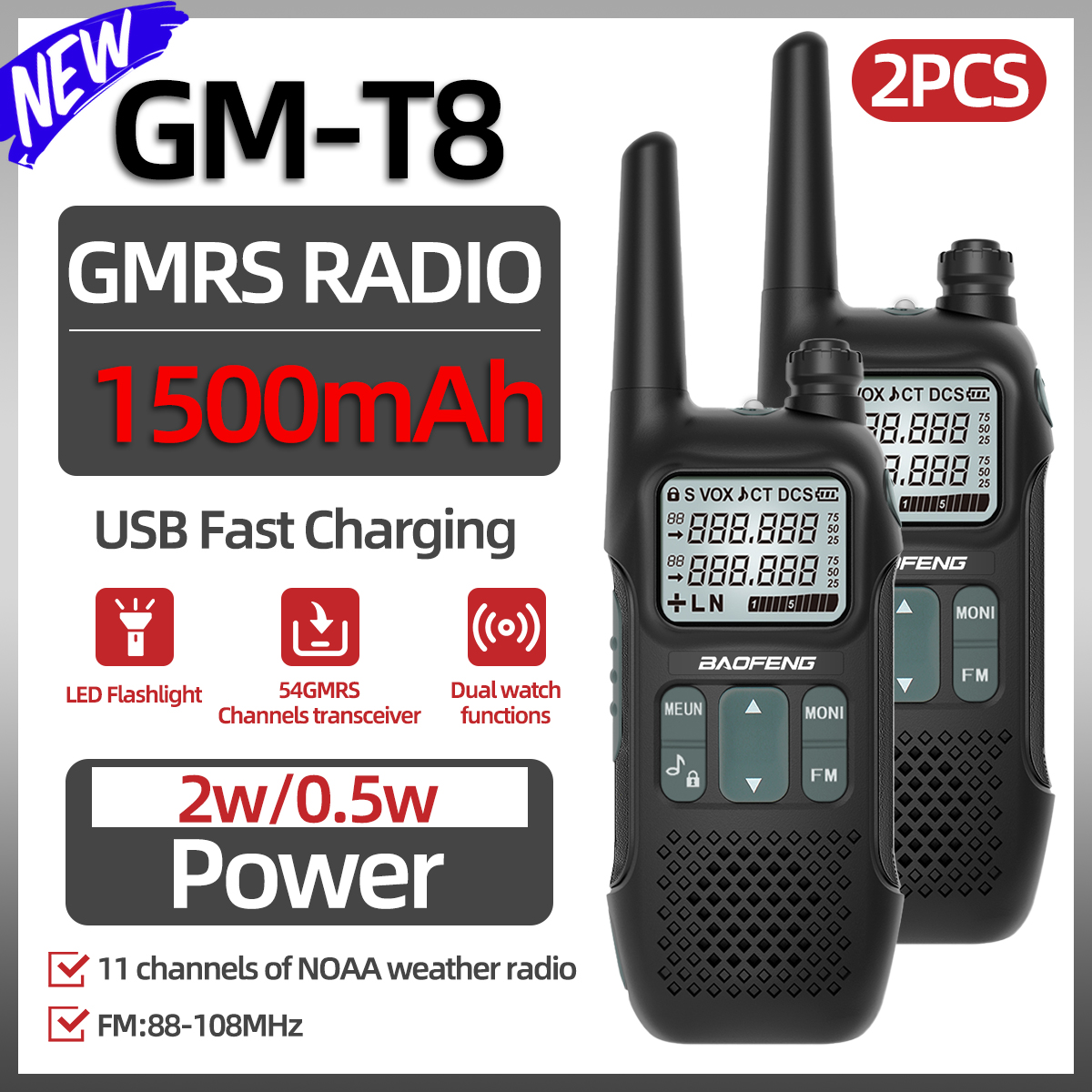 BaoFeng GM-T8 Walkie Talkie GMRS Radio NOAA linterna recargable de largo alcance divertida para acampar Familyction Radio bidireccional USB