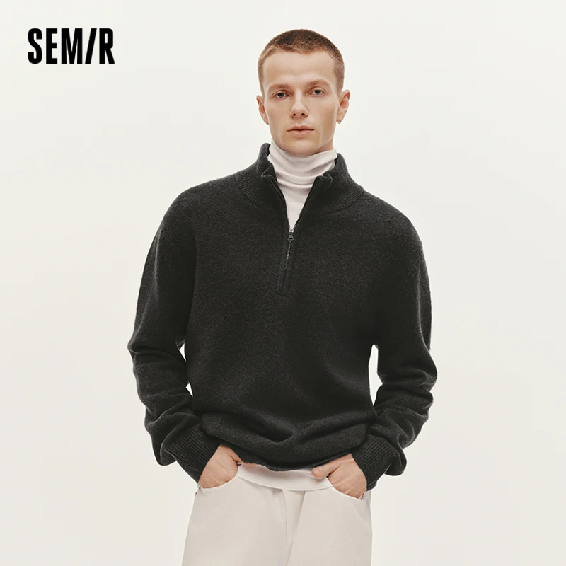 Semir-suéter de punto para hombre, mezcla de lana de cuello alto con solapa semiabierta, Jersey básico, ropa para hombre, invierno, 2025