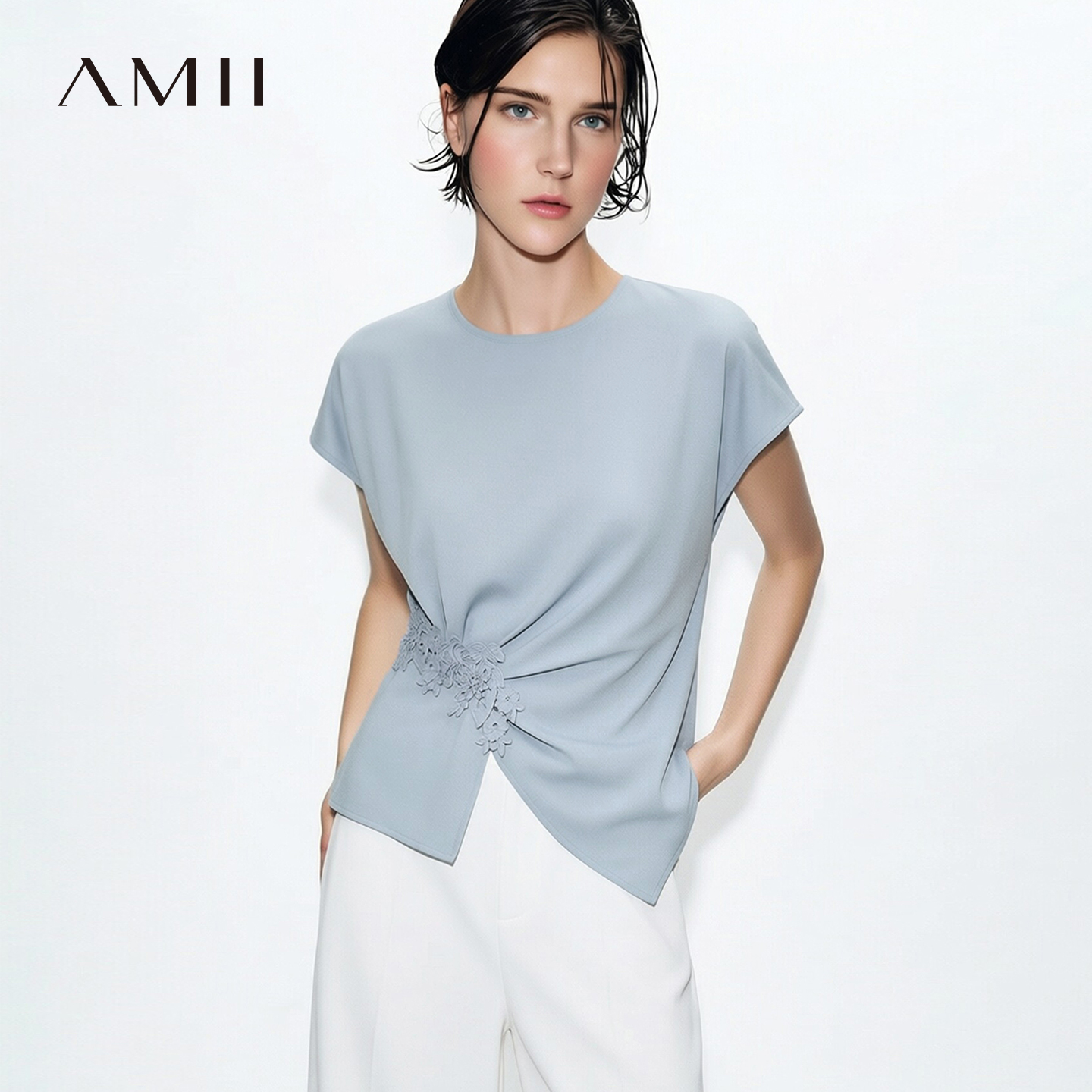Amii Damesblouse 2026 Zomer Nieuw Ronde Hals Strikdetail Kant Raglan Korte Mouw Chiffon Top Asymmetrisch Casual Shirt 12622217