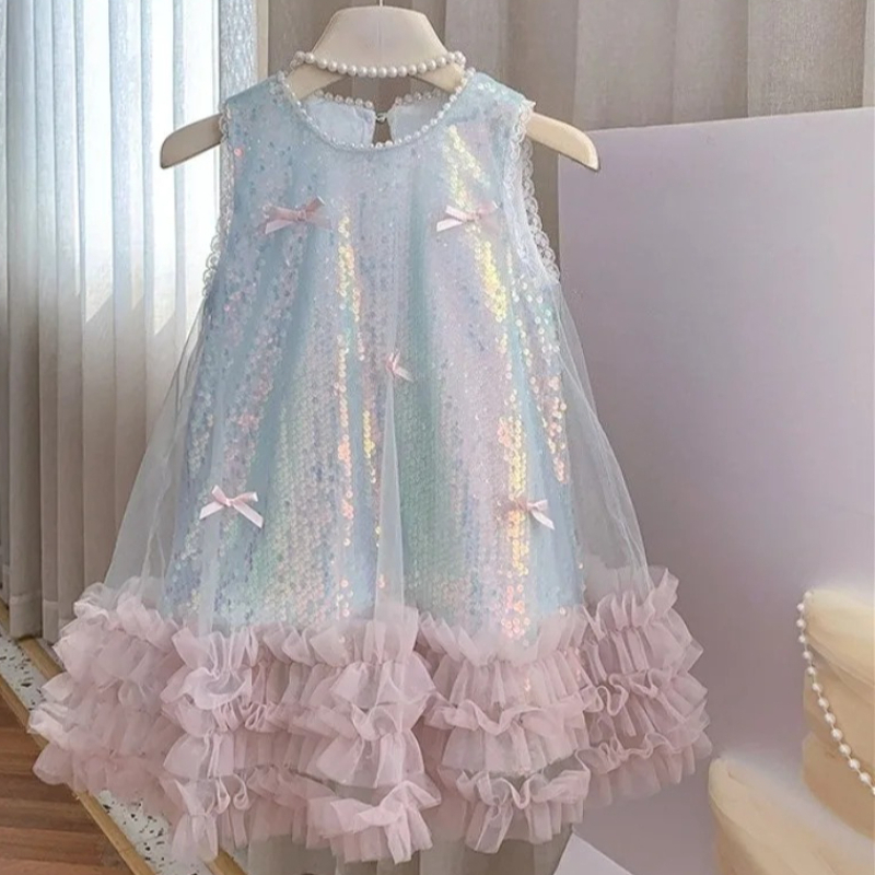 Robe d'été en coton pour filles, nouvelle collection, style coréen, avec nœud scintillant, jupe de princesse décontractée et simple pour les fêtes quotidiennes
