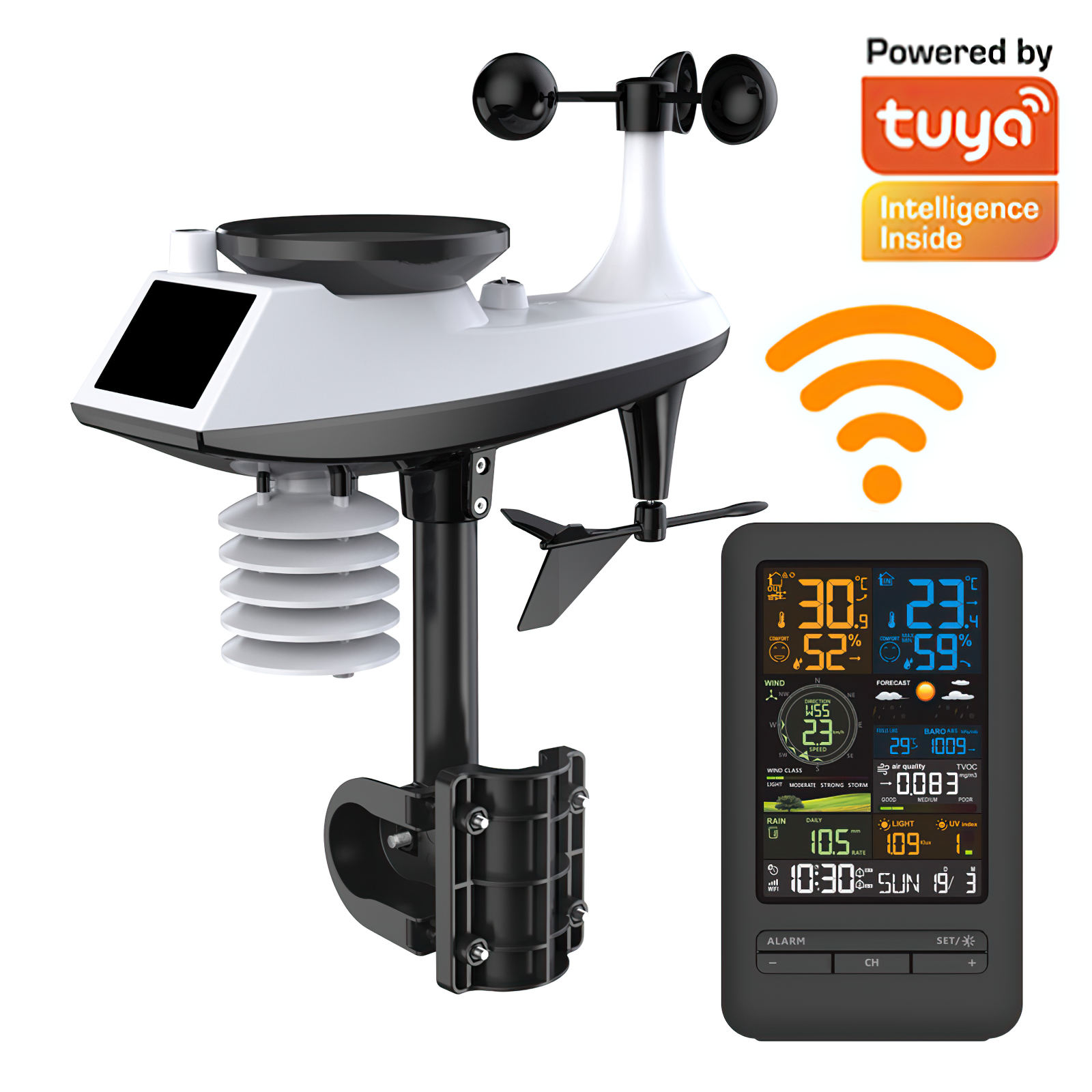 Tuya WiFi Smart Weather Station Wecker und Thermometer-Hygrometer können mit der TUYA-App verbunden werden, um Temperatur, Luftfeuchtigkeit, Windgeschwindigkeit, Niederschlag und Lichtintensitätsdaten zu überwachen und zu dokumentieren.