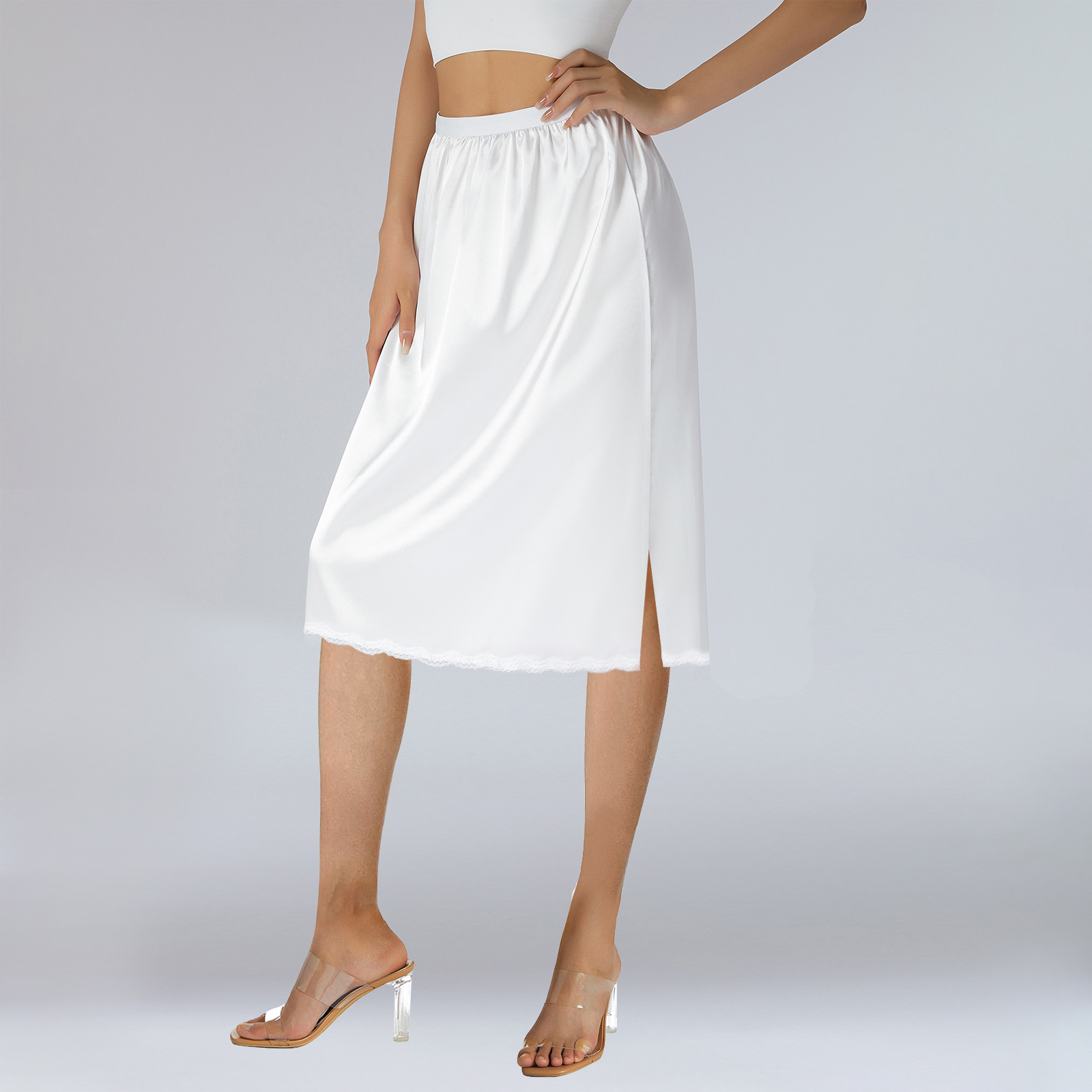 Satin Underskirt Women's Solid Color Elastic Waist Lace Trim Skirt for Under Dresses Anti-Penetrating Lining Petticoat
