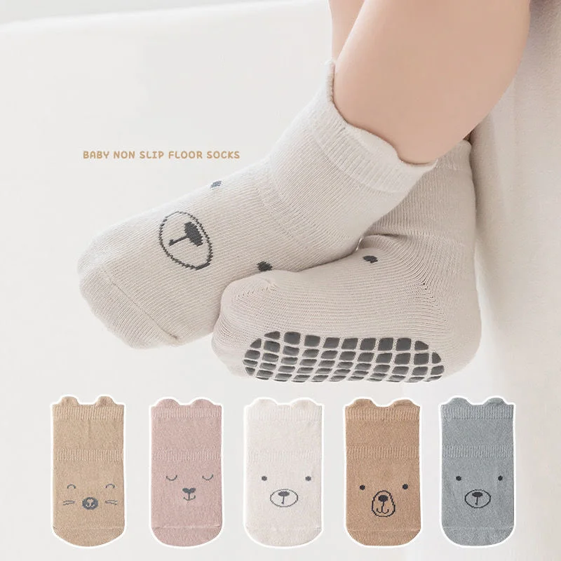 5 pares/lote bebê antiderrapante piso meia 5 colorido de urso impressão infantil menina meias de algodão sólido outono anti deslizamento crianças joelho meia