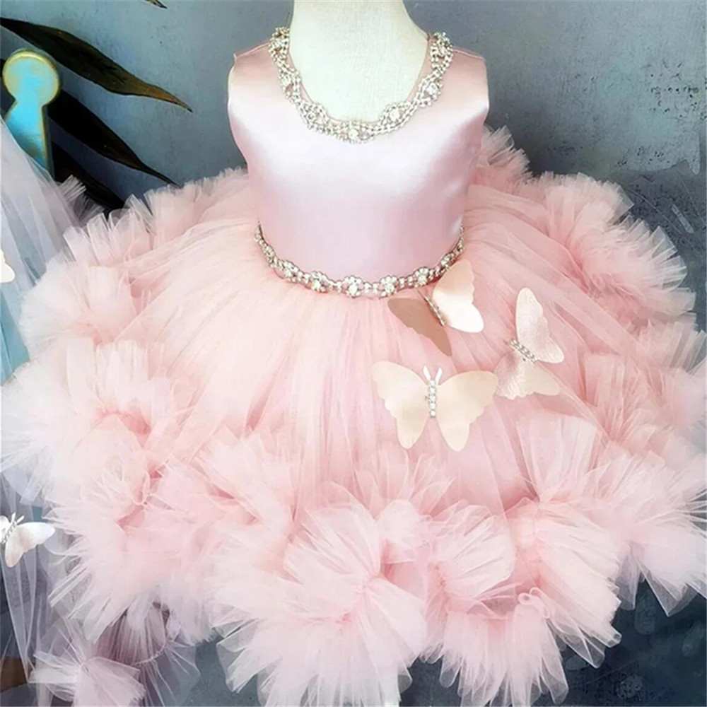 Bella farfalla 3D senza maniche con perline rosa con fiocco vestito da ragazza di fiori per abiti da festa di compleanno eucaristici per bambini da sposa