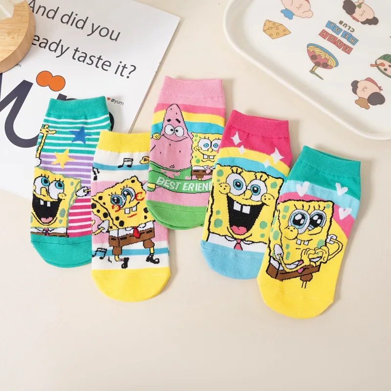 Kaus kaki SpongeBob wanita, Set musim semi musim gugur wanita kaus kaki katun kartun lucu kaus kaki olahraga santai siswa kaus kaki pendek grosir