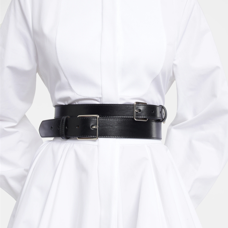 Sello de cintura de piel de vaca con hebilla plateada de doble aguja, cinturón de cintura de diseño ancho de cuero para mujer, cinturón de abrigo negro de 6cm de ancho