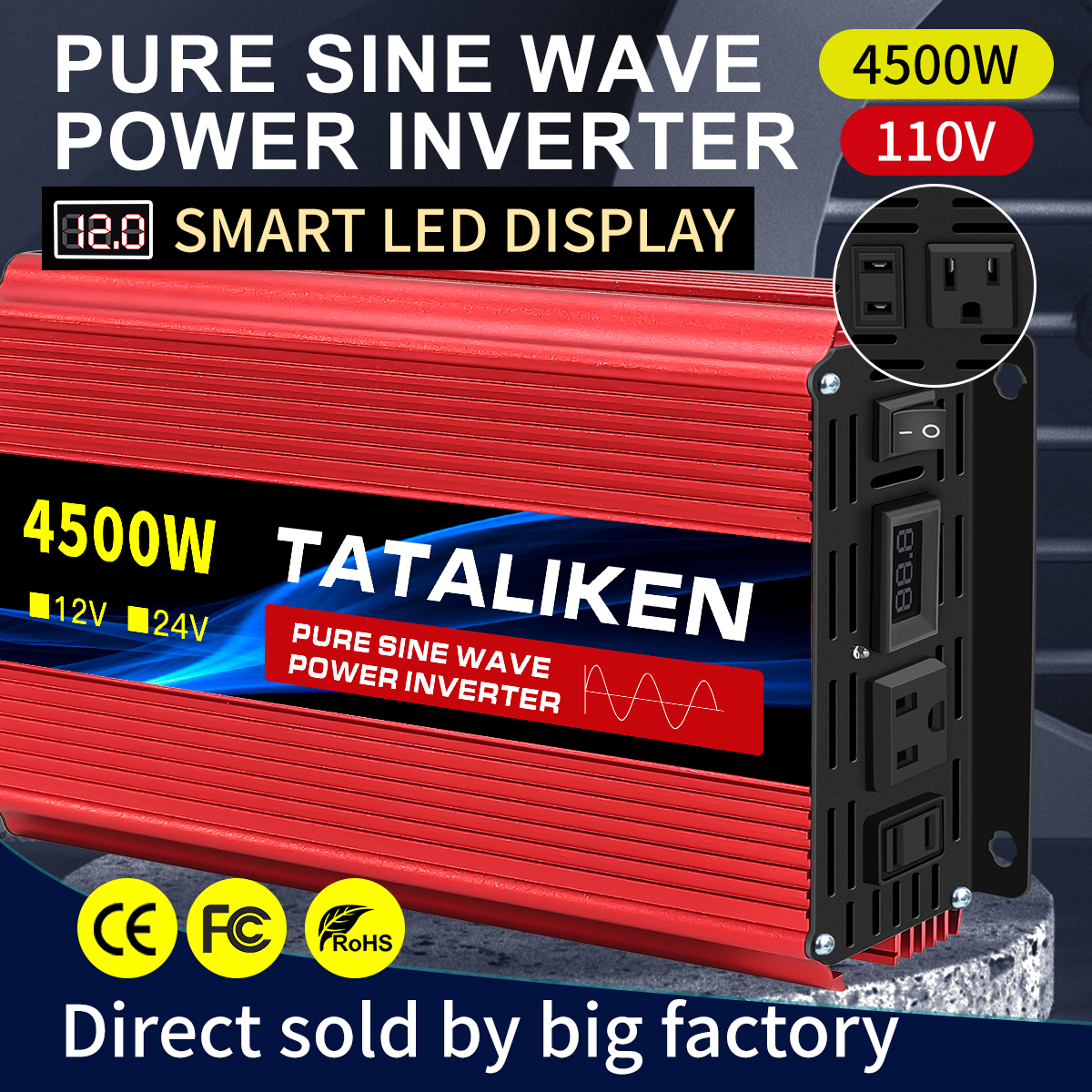Onduleur à onde sinusoïdale pure, tension de puissance Abrte, DC 12V, 24V à AC 110V, 60HZ, 1600W, 2500W, 3500W, 4500W, 5000W, 6000W, 7000W, 8000W