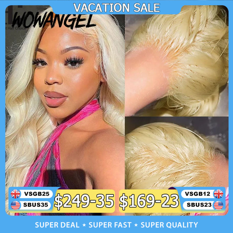 Wow anjo real hd peruca frontal do laço 250% 13x4 hd frente do laço peruca de cabelo humano 613 loira onda do corpo perucas hd fechamento do laço peruca sem cola
