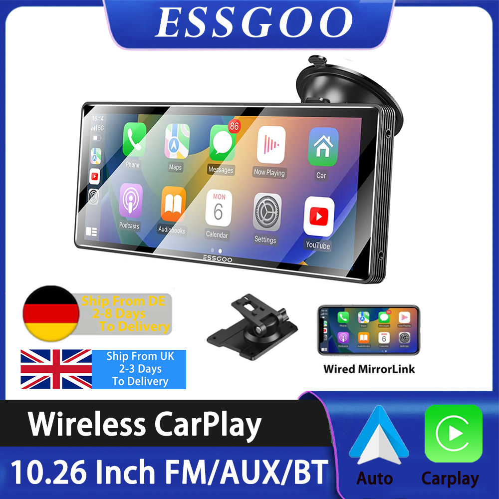 ESSGOO 10.26inch Carplay MP5 Player Portable BT Touch Srceen Wireless Carplay Android Auto Car Radio for Apple Or Android Video