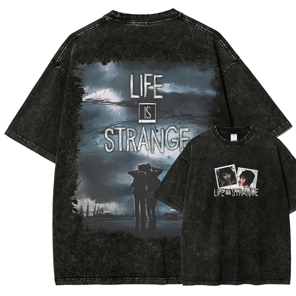 Camiseta Oversized de Algodão Lavado Vintage com Estampa Gráfica da Série de Jogos de Aventura Narrativa Life Is Strange para Homens e Mulheres