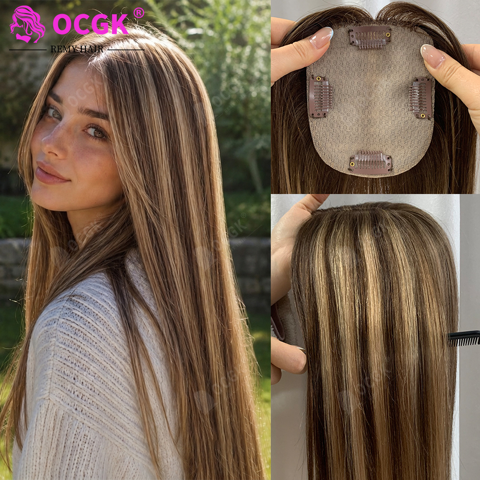 Topper per capelli umani lisci da 17 pollici, base 10x12 cm, colore T2-2-16, con clip, per donne con capelli diradati, per aggiungere volume