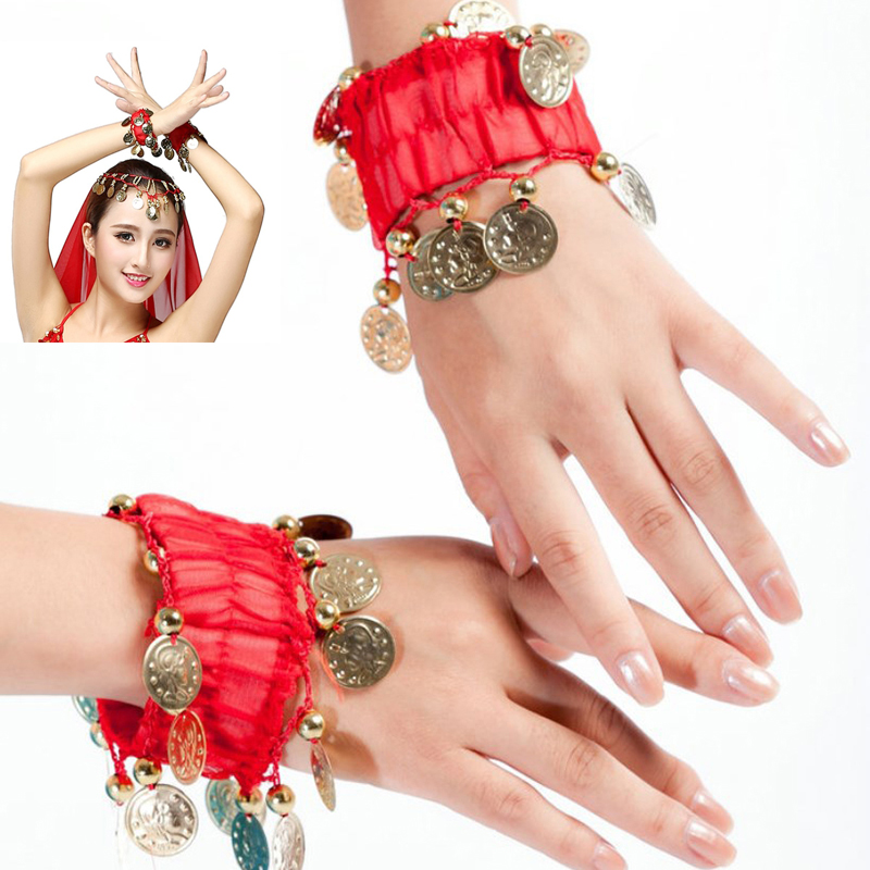 1ชิ้นกำไลข้อมือข้อเท้าเต้นระบำหน้าท้องสร้อยข้อมือโลหะผ้าชีฟองสีทองอุปกรณ์ประกอบการเต้นหน้าท้อง