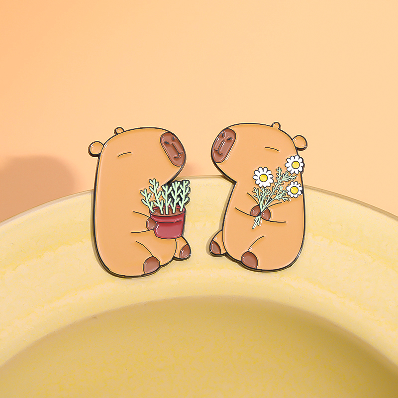 Capybara and Plant Enamel Pins Custom Cute Funny Animal Flowers Brooch Lapel Badge Bag Jewelry Gift for Kids Friends