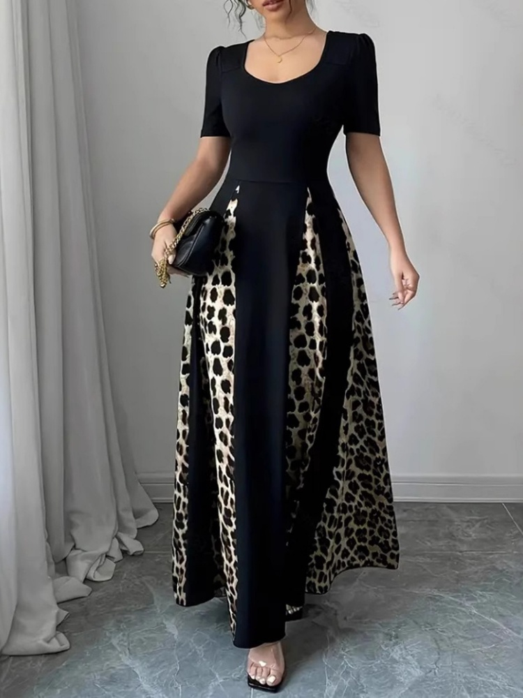Wmstar 2025 nouvelles femmes à la mode élégante robe de grande taille à manches courtes col en U noir imprimé léopard Patchwork robe de grande taille