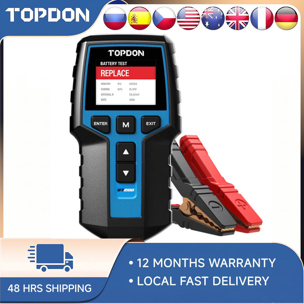 TOPDON BT200 12V เครื่องทดสอบแบตเตอรี่รถยนต์ดิจิตอลการวินิจฉัยยานยนต์เครื่องทดสอบแบตเตอรี่เครื่องวิเคราะห์รถ Cranking ชาร์จเครื่องสแกนเนอร์เครื่องมือ
