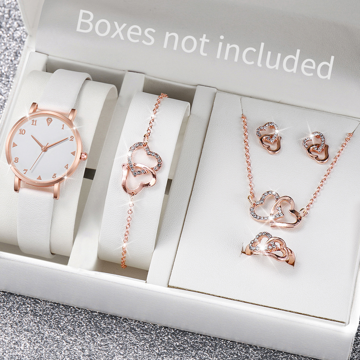 6 Pçs/set Moda Feminina Relógio Pulseira de Couro Relógios de Quartzo Conjunto de Jóias de Coração Duplo (Sem Caixa)