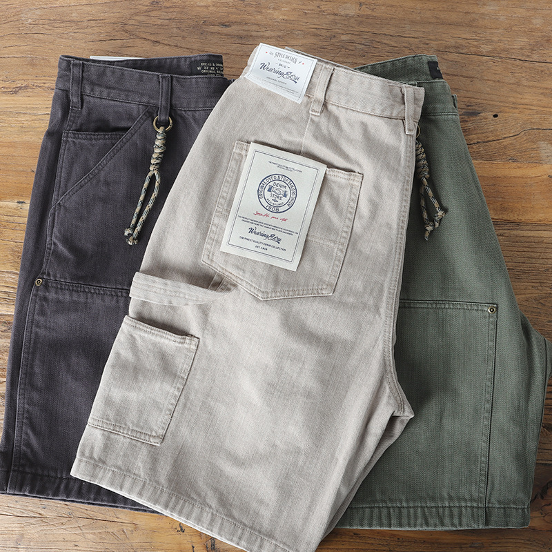 26SS Shorts de Trabalho Japoneses Vintage em Sarja de Algodão Puro Pesado, Estilo Lenhador com Padrão Lavado de Verão, Grosso e Durável
