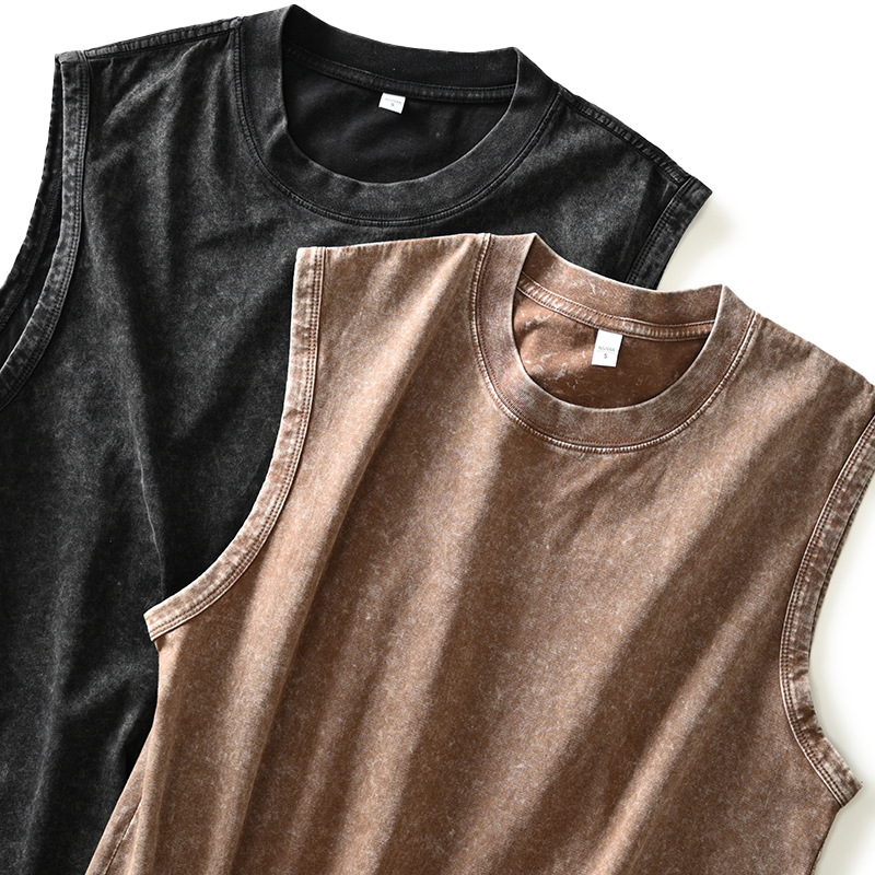 Gilet Senza Maniche in Puro Cotone 230g, Stile Retrò Europeo e Americano, Effetto Lavato e Consumato, T-shirt Casual da Uomo con Spalle Larghe
