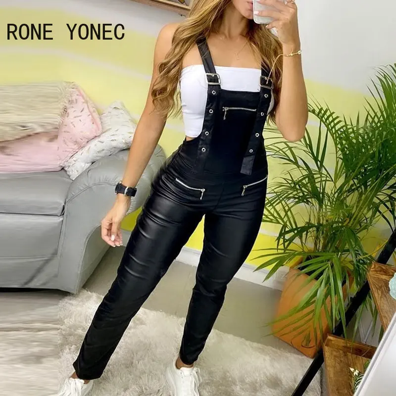 Mono con tirantes generales y decoración con cremallera de cuero Pu liso elegante para mujer