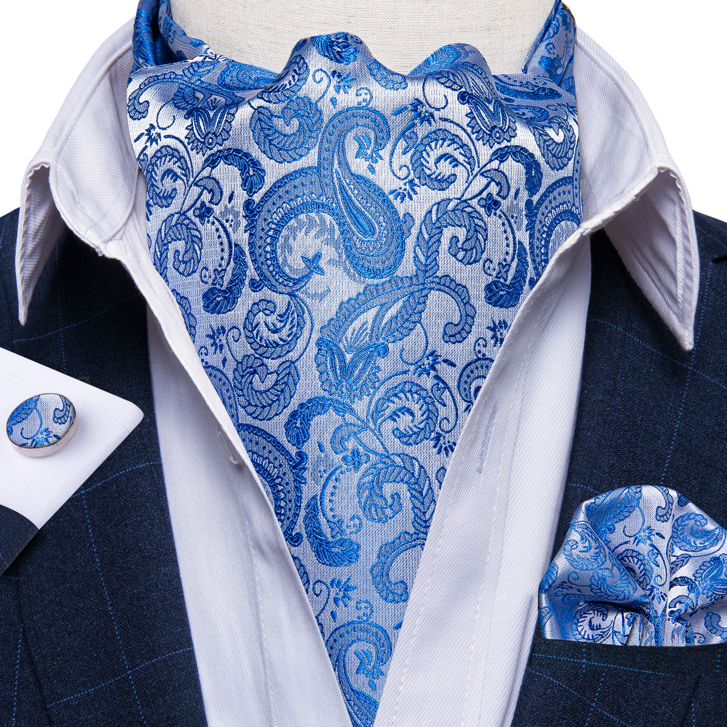 Moda blu Paisley Ascot per uomo accessorio di lusso da uomo in seta floreale cravatta fazzoletto gemelli Set festa di affari matrimonio