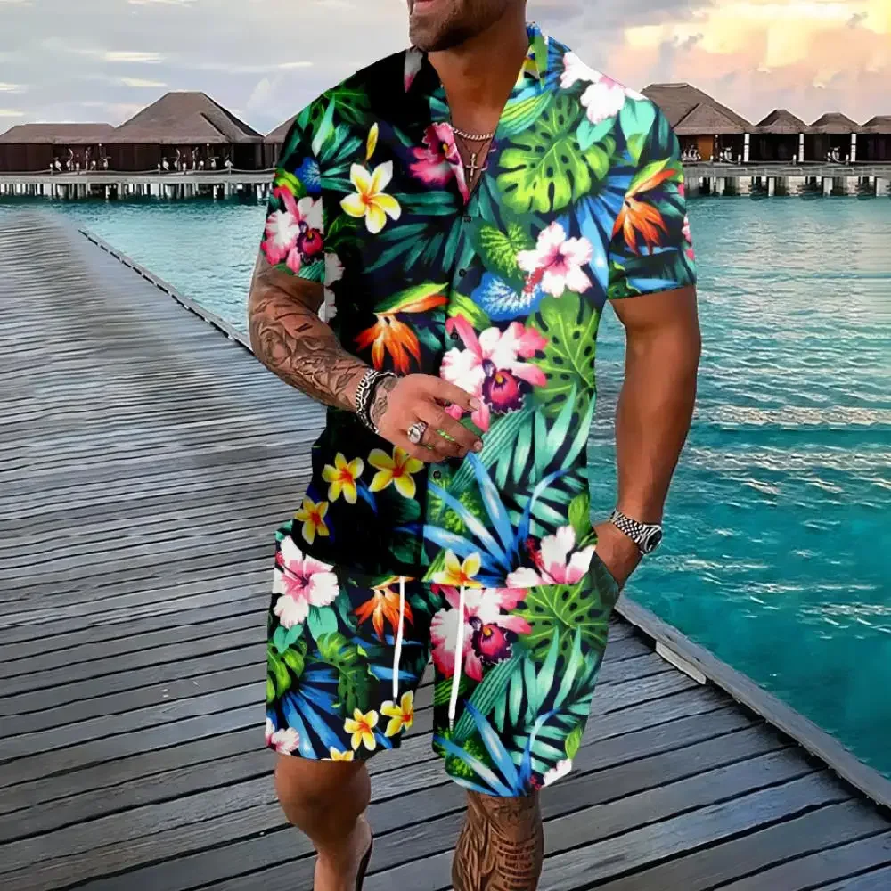 Camicia hawaiana Flamingo Coconut Tree Stampa 3d Camicia a maniche corte + Pantaloncini 2 pezzi Set Casual Beachwear Abiti da vacanza Abbigliamento uomo