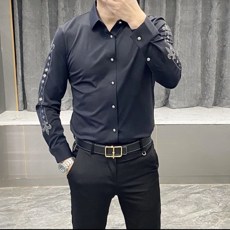 Frühling Herbst Neue Mode drehen-unten Kragen Langarm Epaulet Druck Bluse männer Kleidung Koreanische Taste Casual Chic shirts