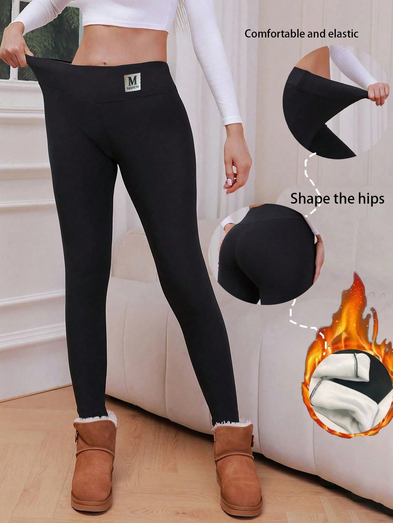 Leggings térmicos de felpa para mujer, pantalones elásticos acogedores para otoño e invierno, color negro