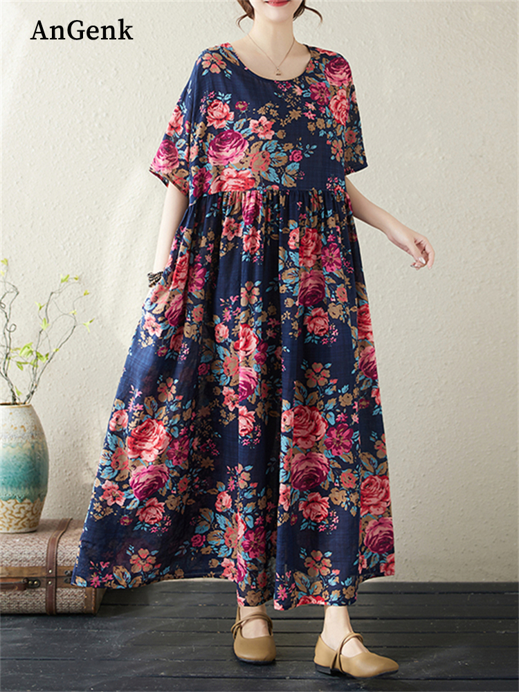 Vestidos de Verano 2026, Nuevos, de Algodón, Estilo Vintage, Manga Corta, Estampados, para Mujer, Casuales, Holgados, Largos, Vestidos de Moda