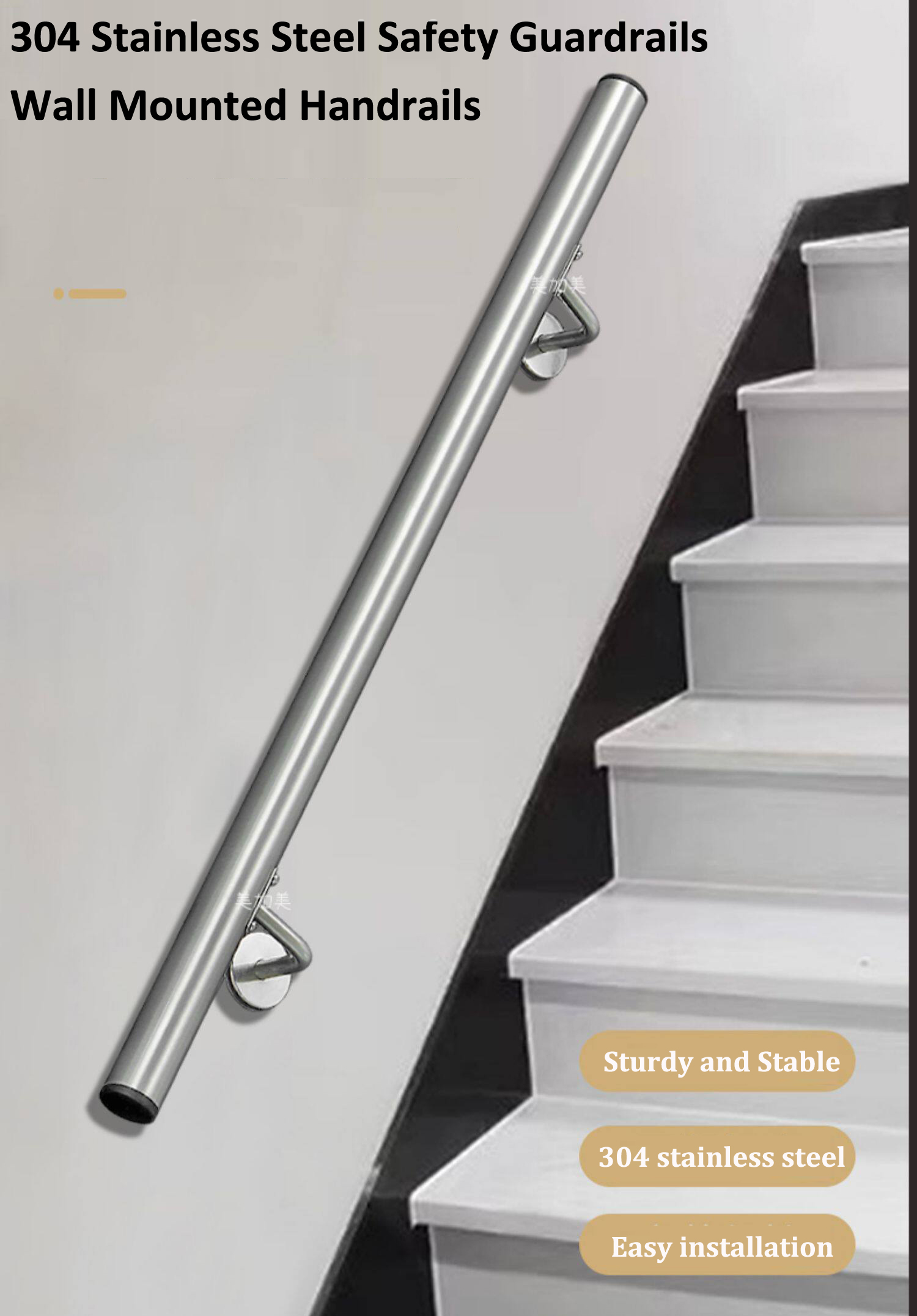 304 Stainless Steel Stairs Handrail Kit, Sturdy Wall Mount  Hand Rail, Indoor Outdoor Stair Railing 30MM Round Pipe Grab Bar
