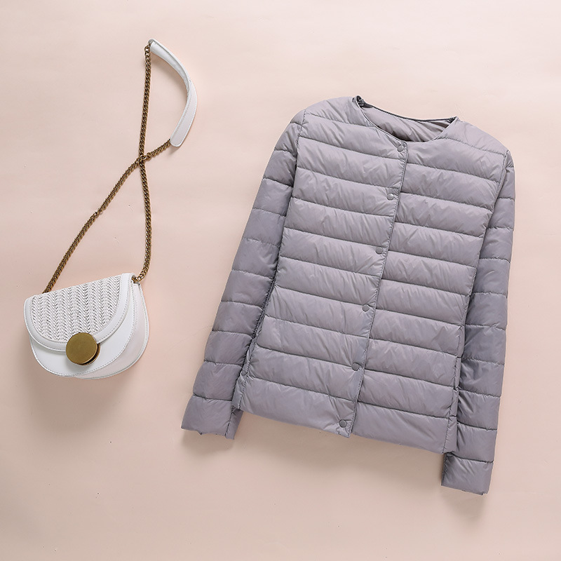 Chaqueta de plumón ultraligera sin cuello para mujer, abrigo coreano de plumón de pato, Parkas acolchadas portátiles para mujer, abrigo acolchado con cuello redondo 2023