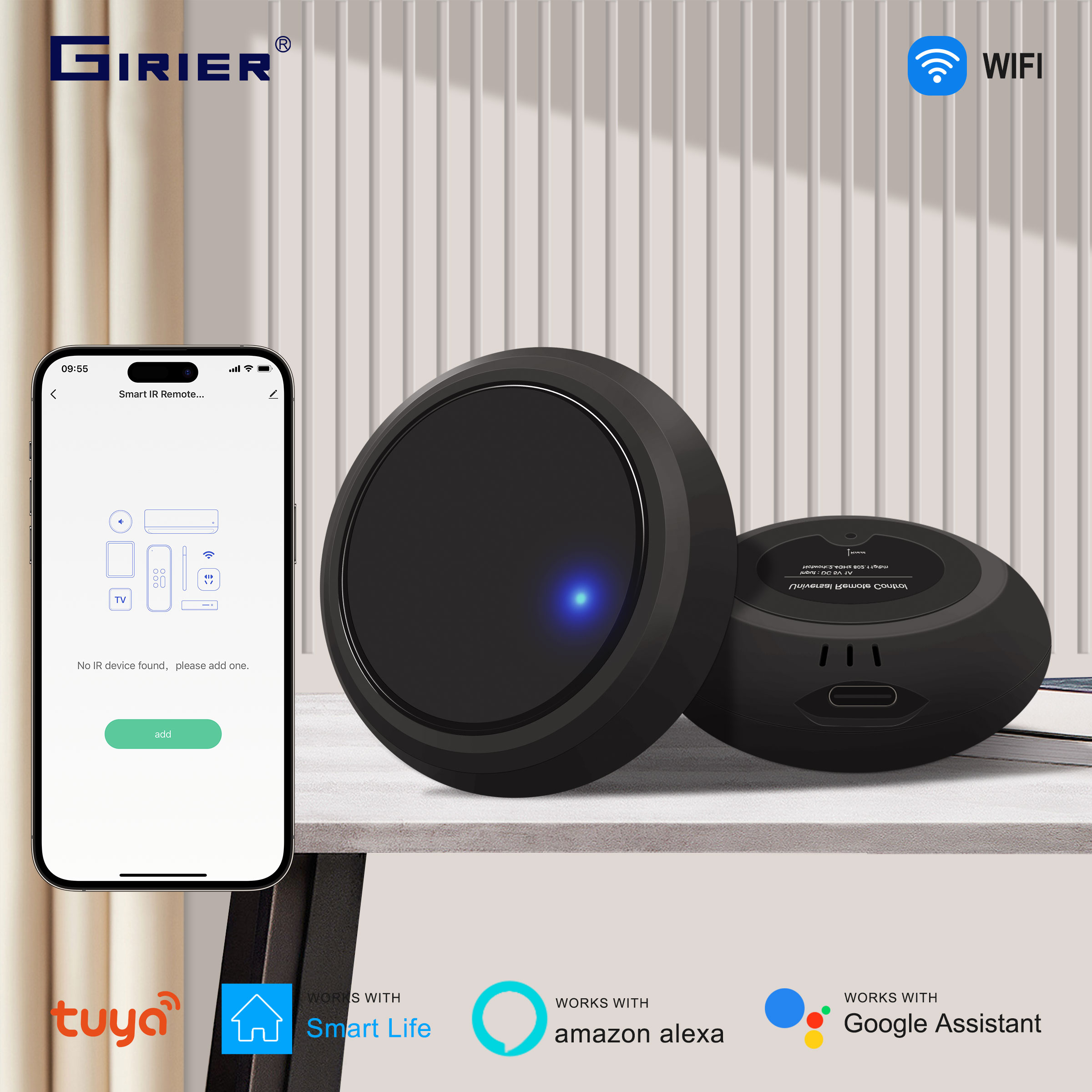 GIRIER Tuya Smart IR Controle Remoto, WiFi Universal Infravermelho Remoto Blaster para AC TV DVD STB, Funciona com Alexa Google Home